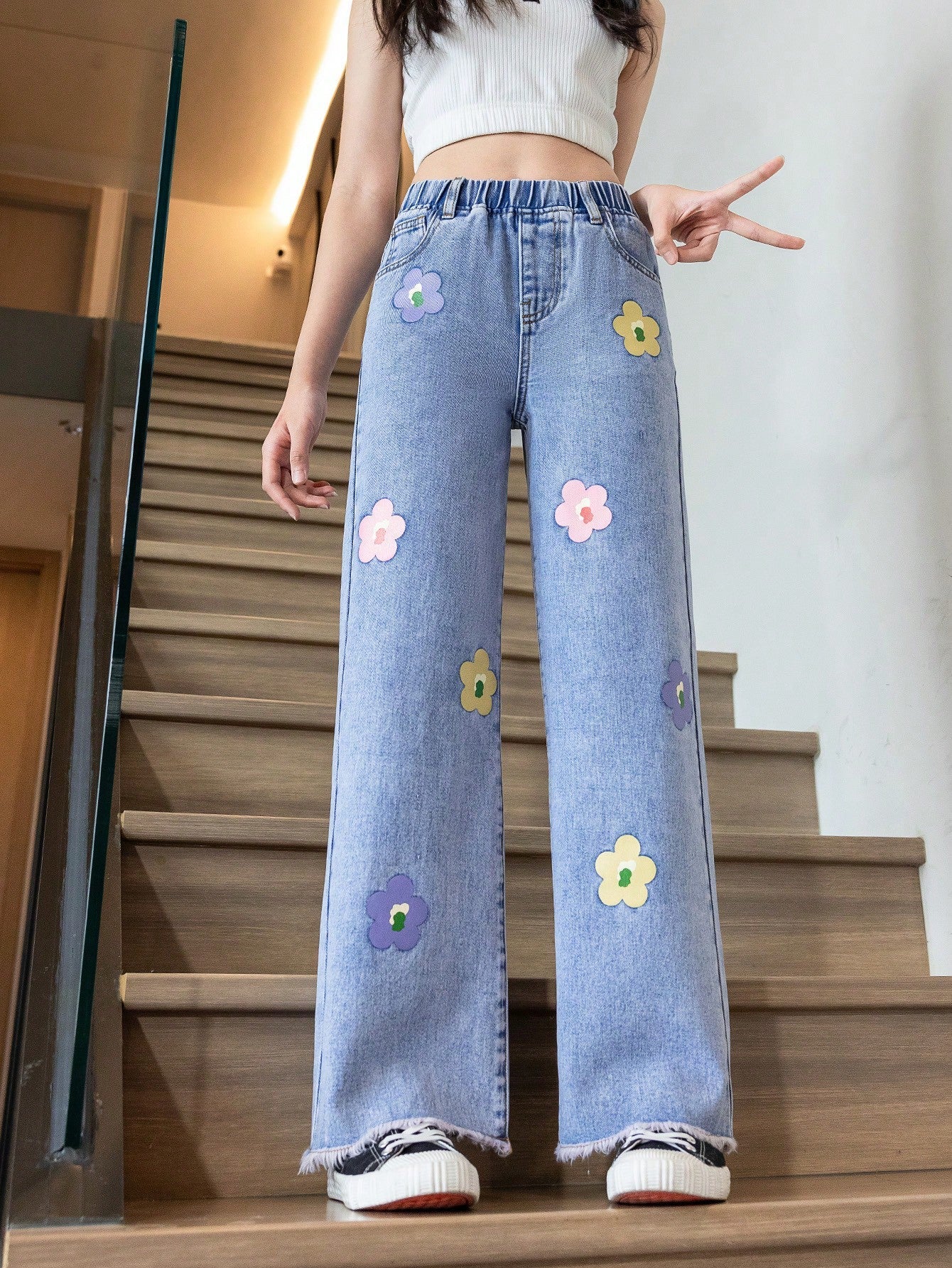 Tween Girl Floral Print Wide Leg Jeans - Elastic Waist, Pockets, 100% Cotton Denim