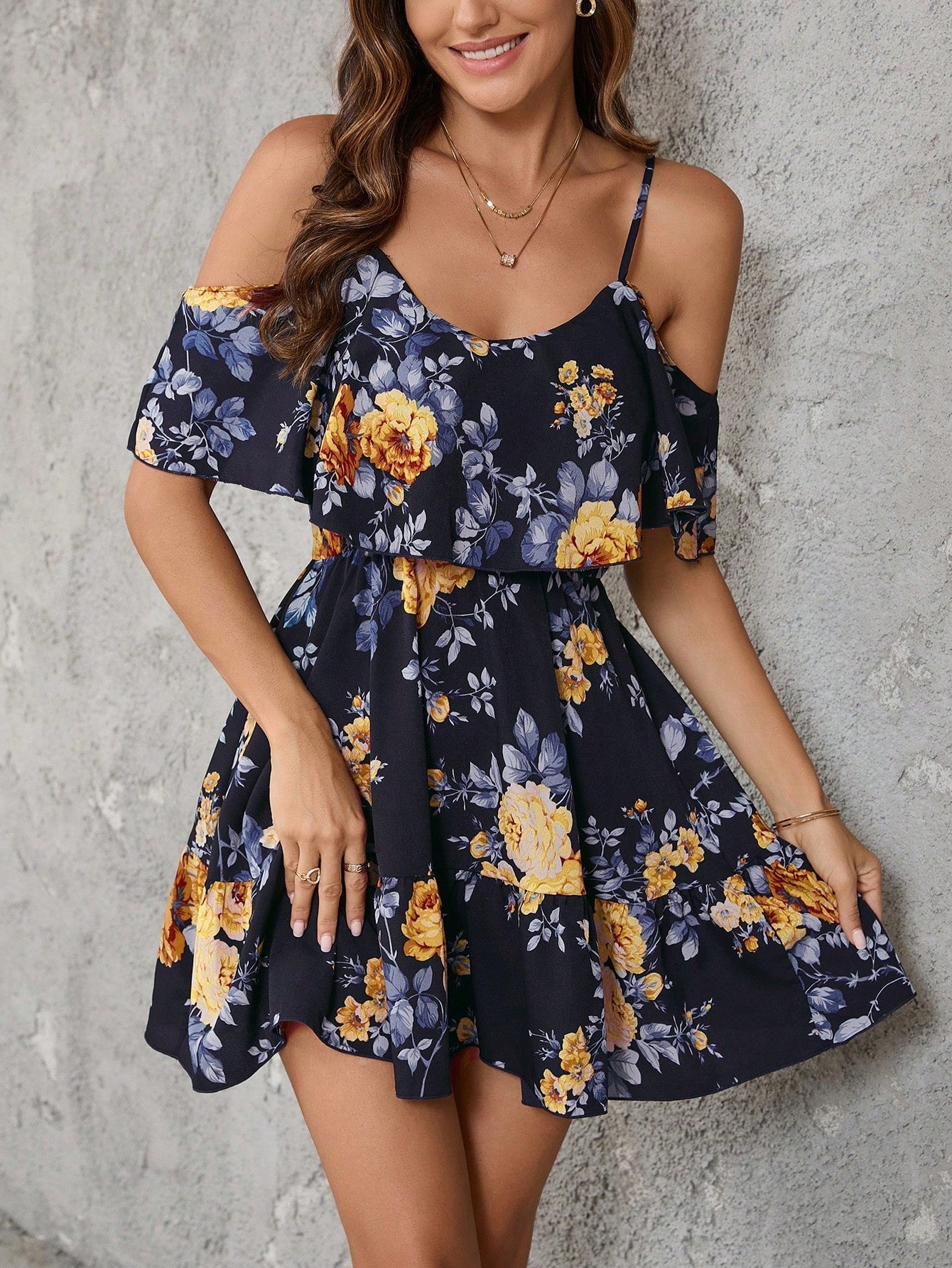 Romantic Flower And Plant Printed Off-The-Shoulder Ruffle Strap Vacation Summer Dress Dresses Graduation