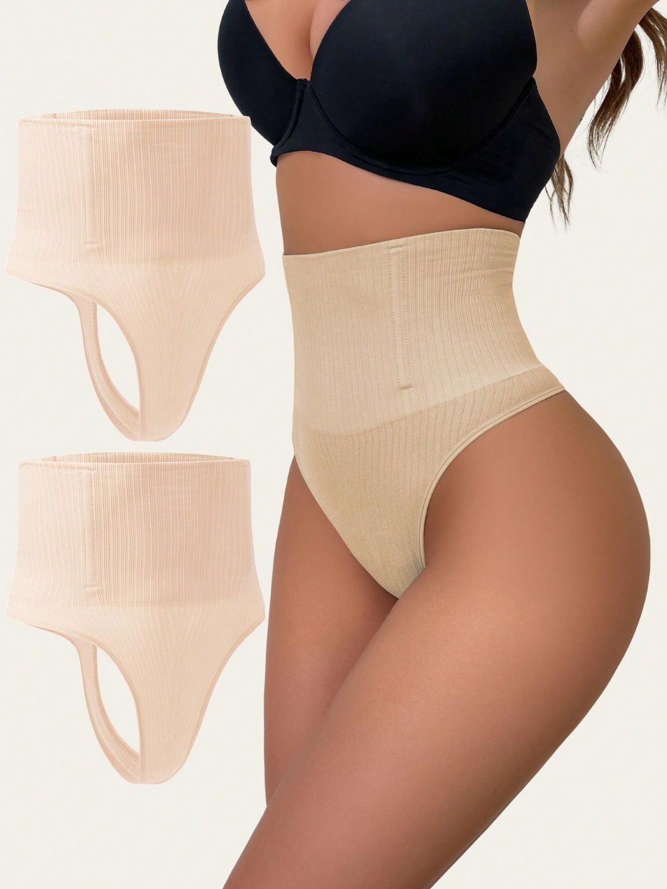 2pcs High Waist Tummy Control Thong Shapewear with Steel Bone Support