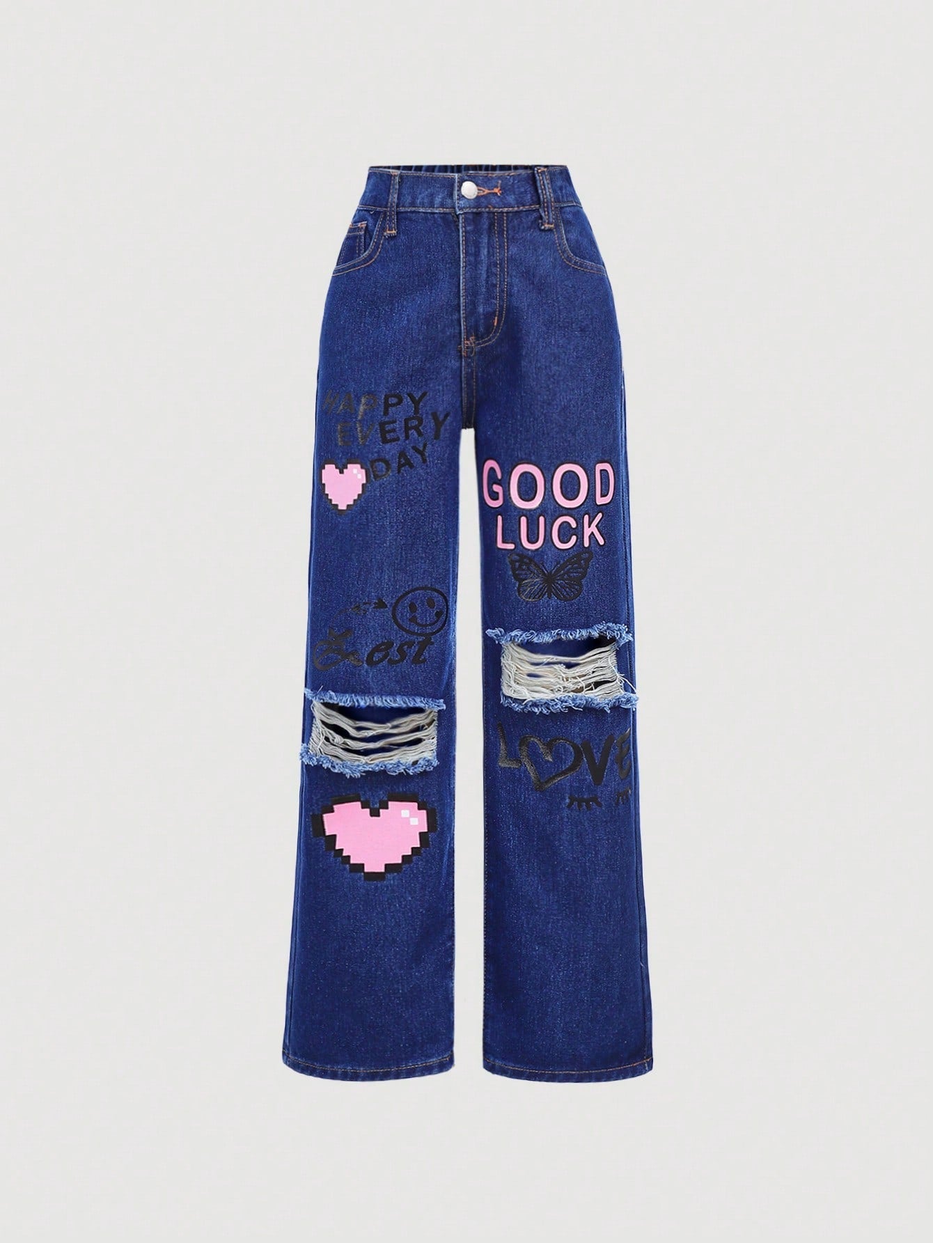 Tween Girls' Light Blue Love Heart Ripped Denim Pants - Straight Leg, Zipper Fly, Pockets