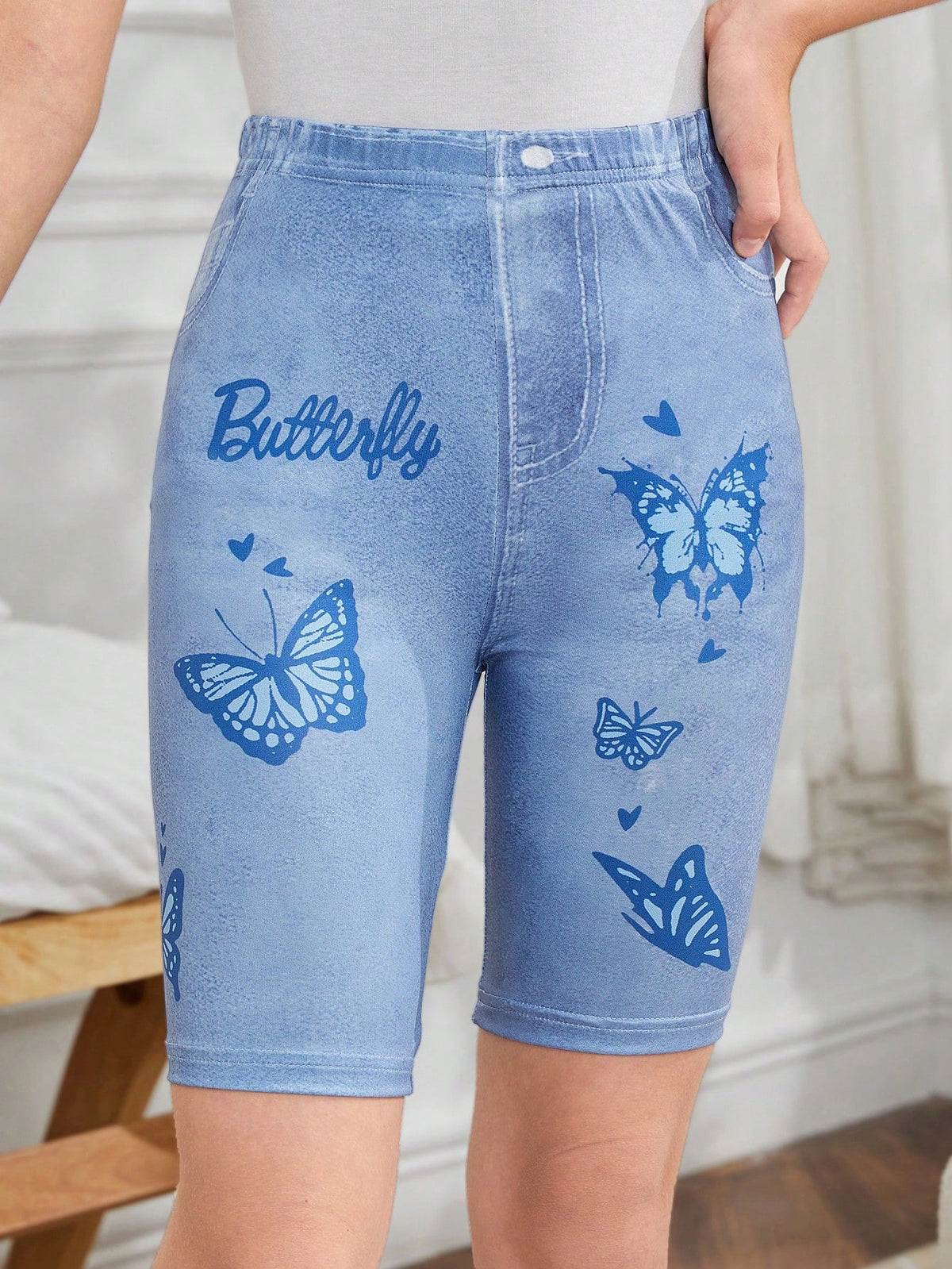 Tween Girl Butterfly Print Denim Effect Biker Shorts - High Stretch, Knitted Fabric