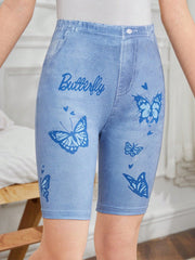 Tween Girl Butterfly Print Denim Effect Biker Shorts - High Stretch, Knitted Fabric