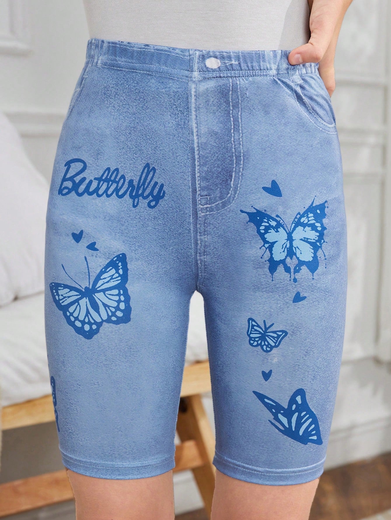 Tween Girl Butterfly Print Denim Effect Biker Shorts - High Stretch, Knitted Fabric