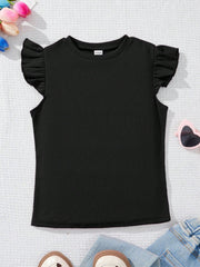 Tween Girl Cute Casual Knit Top - Round Neck, Flounce Sleeves, Rib-Knit Details