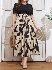 CURVE+ Plus Size Women’s Plant Print Maxi Dress - Casual, Ruffle Hem, Puff Sleeves