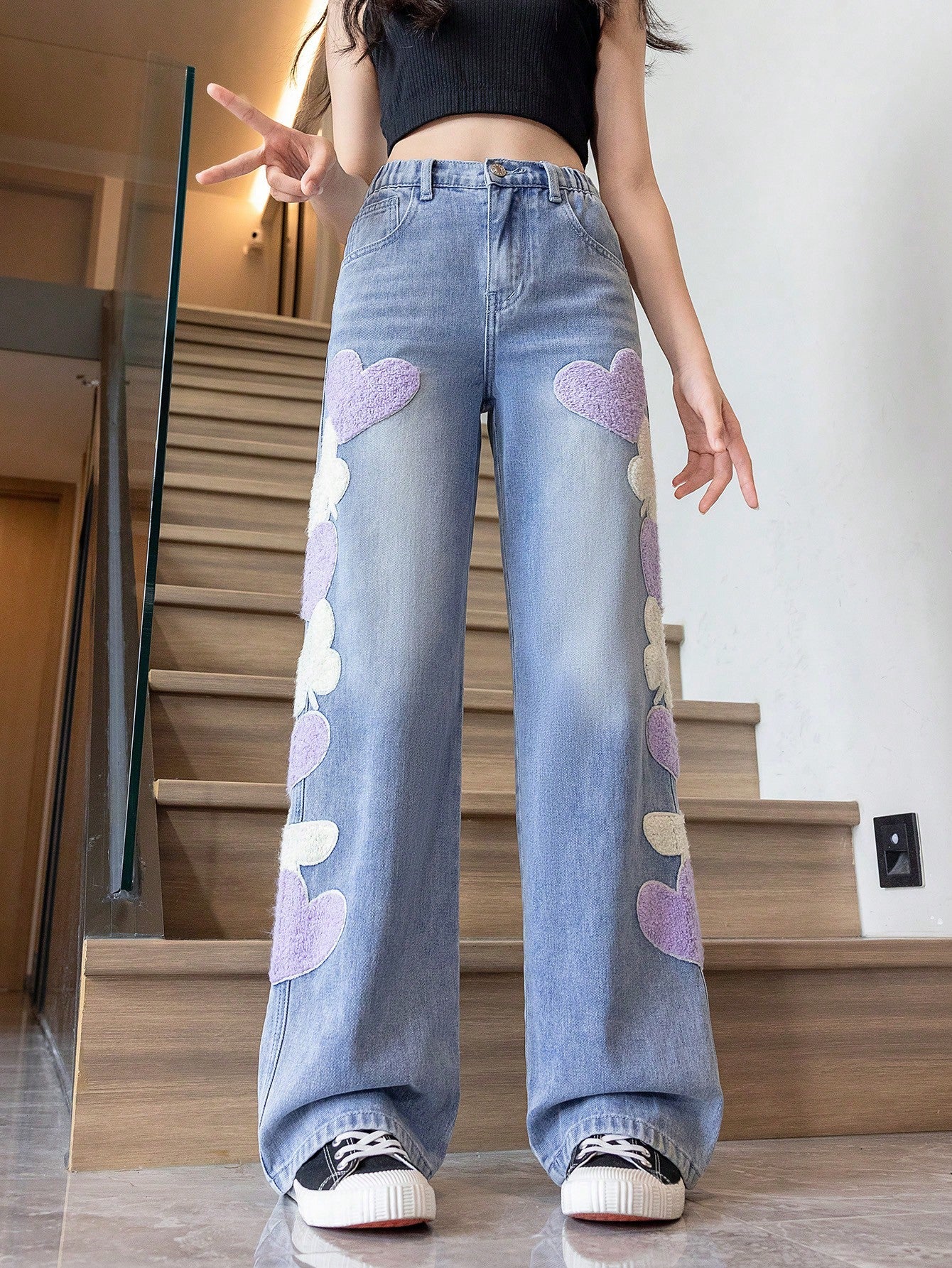 Tween Girl Loose Fit Heart Design Denim Pants - Straight Leg, Zipper Fly, Machine Washable