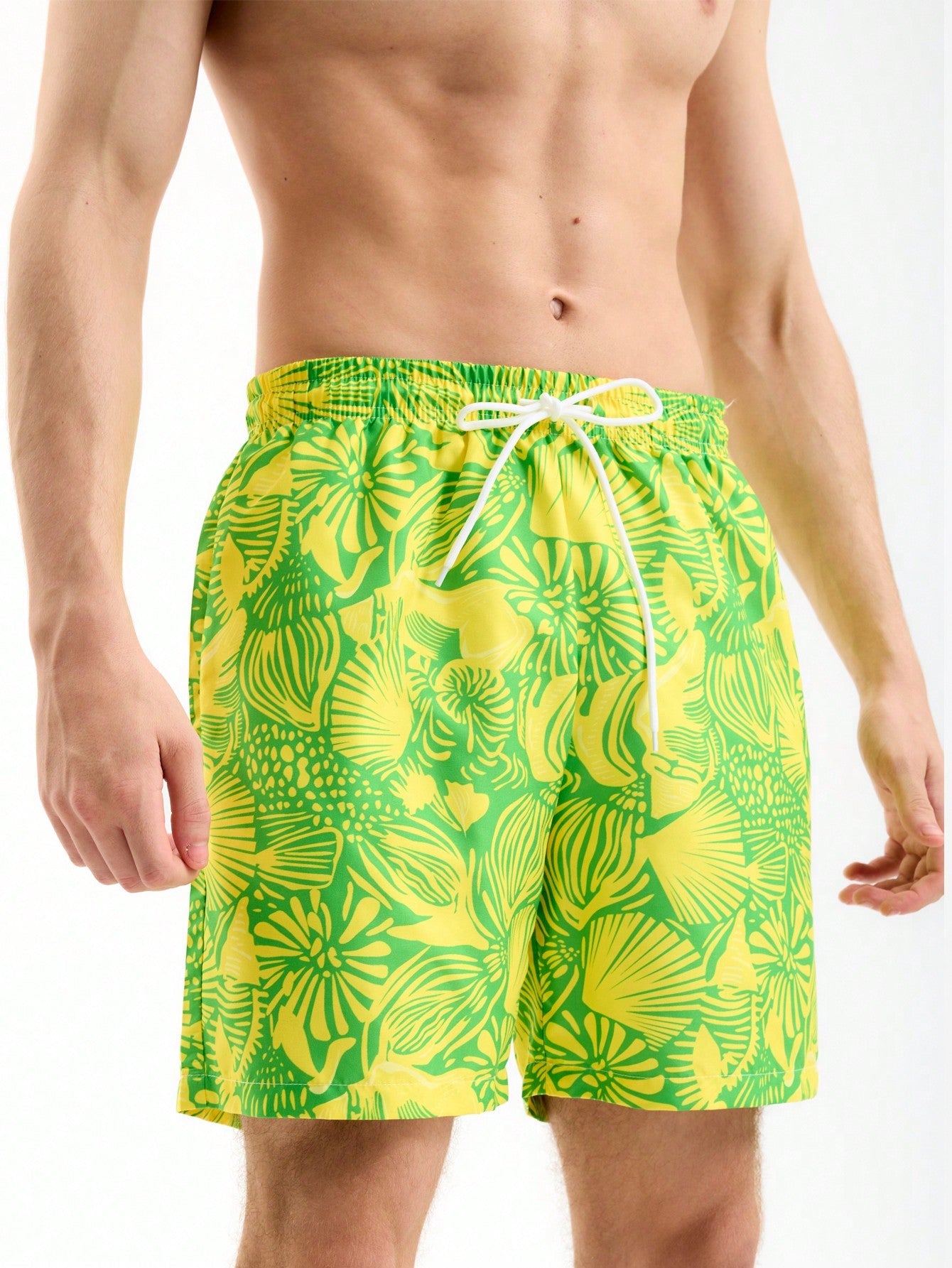 Boho Plant Print Unisex Beach Shorts - Drawstring Waist, Pockets, 100% Polyester