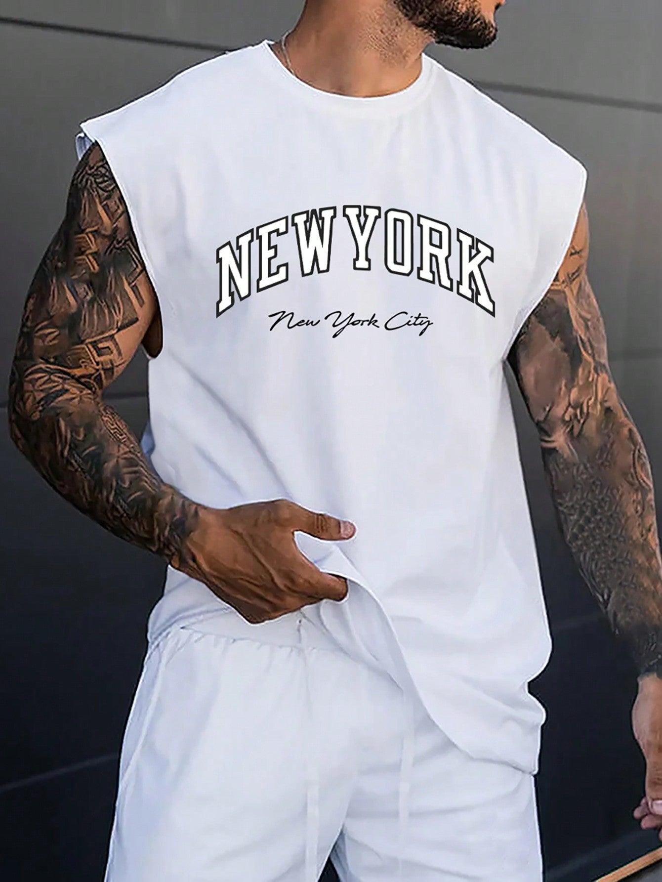 Men's Casual Letter Print Sleeveless Round Neck Tank Top, Knitted Fabric