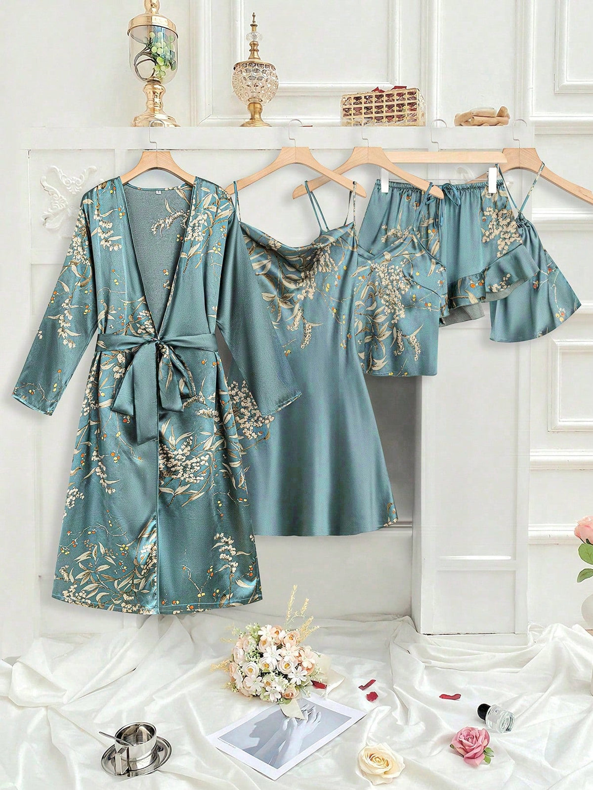 5PCS-Set Floral Print Satin Camisole Shorts, Camisole Dress, Robe And Storage Bag, Pajama Set