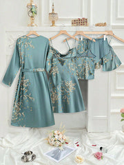 5PCS-Set Floral Print Satin Camisole Shorts, Camisole Dress, Robe And Storage Bag, Pajama Set