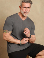 Men's Casual V Neck Short Sleeve T-Shirt with Pockets, Slight Stretch