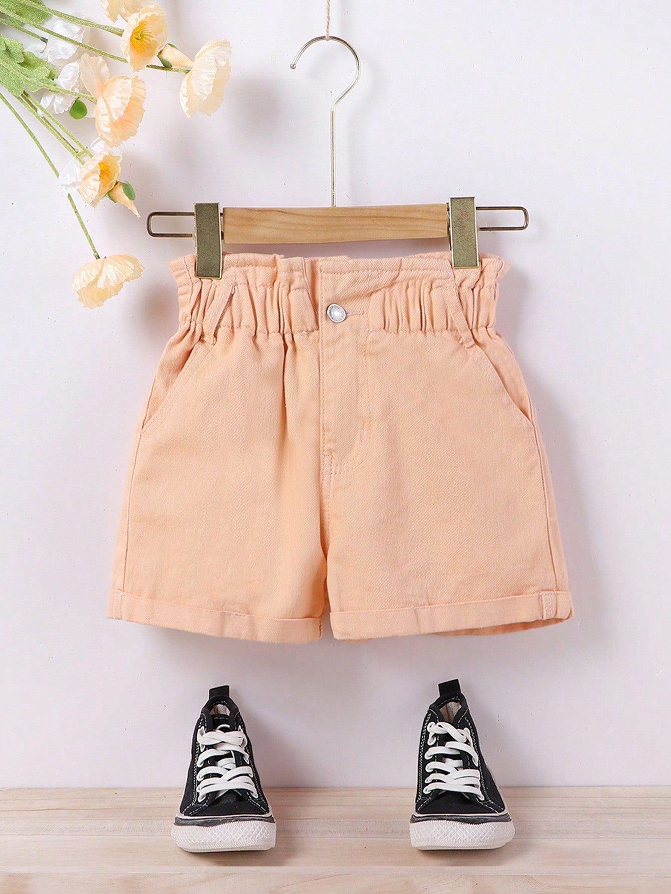 Tween Girl Boho Denim Shorts - High Waist, Paperbag, Pockets, Zipper Fly