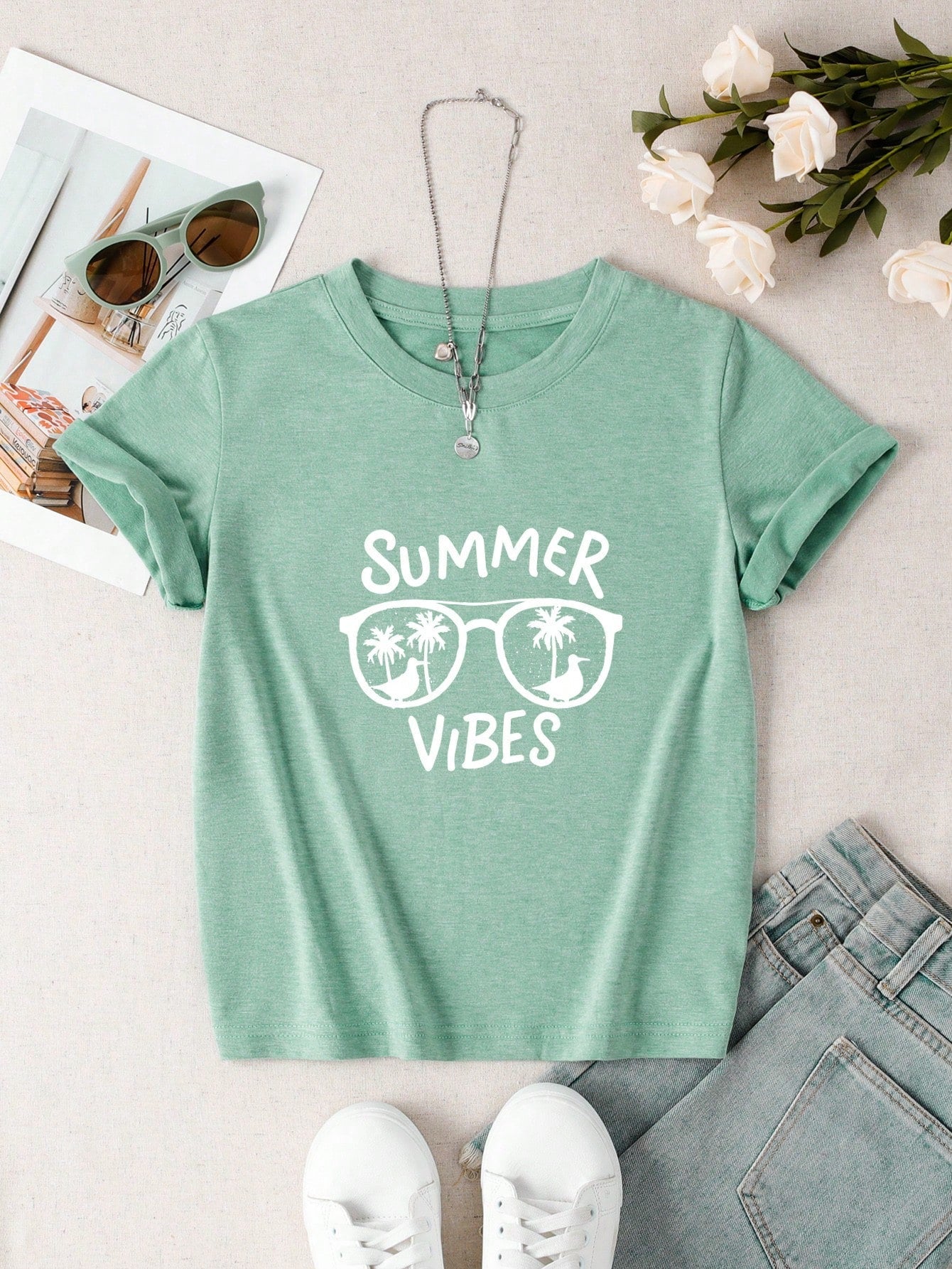 Tween Girl Casual Palm Tree & Letter Print Round Neck Short Sleeve T-Shirt