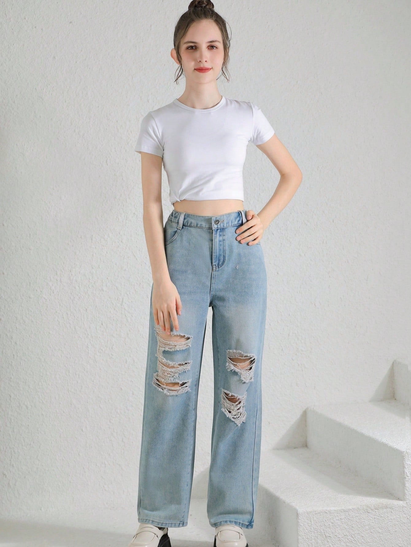 Tween Girl Casual Light Wash Destroyed Straight Jeans with Asymmetric Waist - Versatile Fit