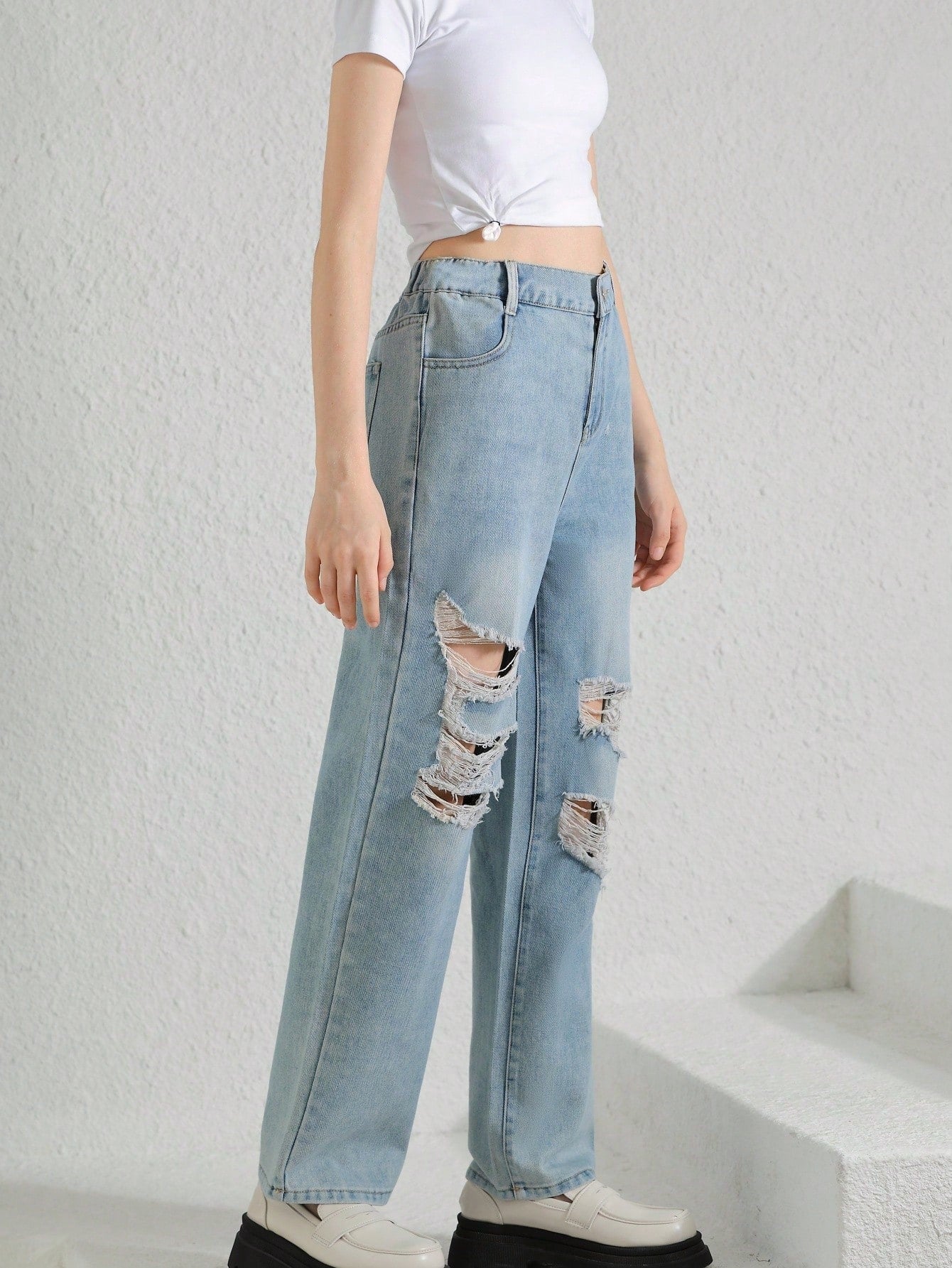 Tween Girl Casual Light Wash Destroyed Straight Jeans with Asymmetric Waist - Versatile Fit