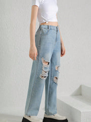 Tween Girl Casual Light Wash Destroyed Straight Jeans with Asymmetric Waist - Versatile Fit