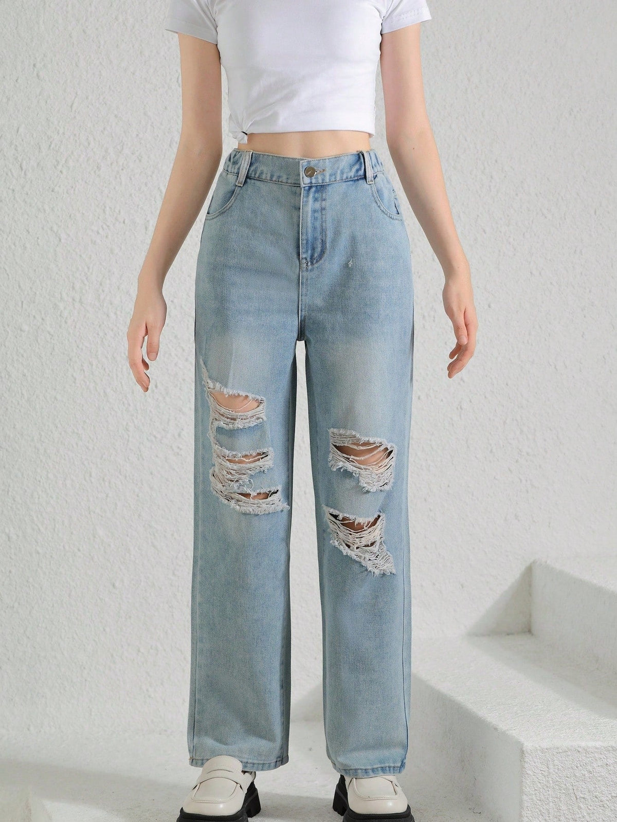 Tween Girl Casual Light Wash Destroyed Straight Jeans with Asymmetric Waist - Versatile Fit