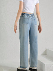 Tween Girl Casual Light Wash Destroyed Straight Jeans with Asymmetric Waist - Versatile Fit