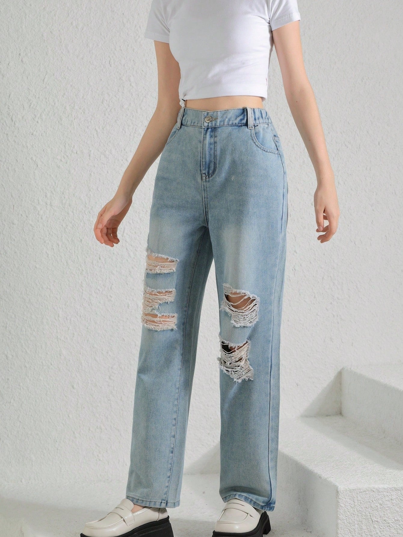 Tween Girl Casual Light Wash Destroyed Straight Jeans with Asymmetric Waist - Versatile Fit