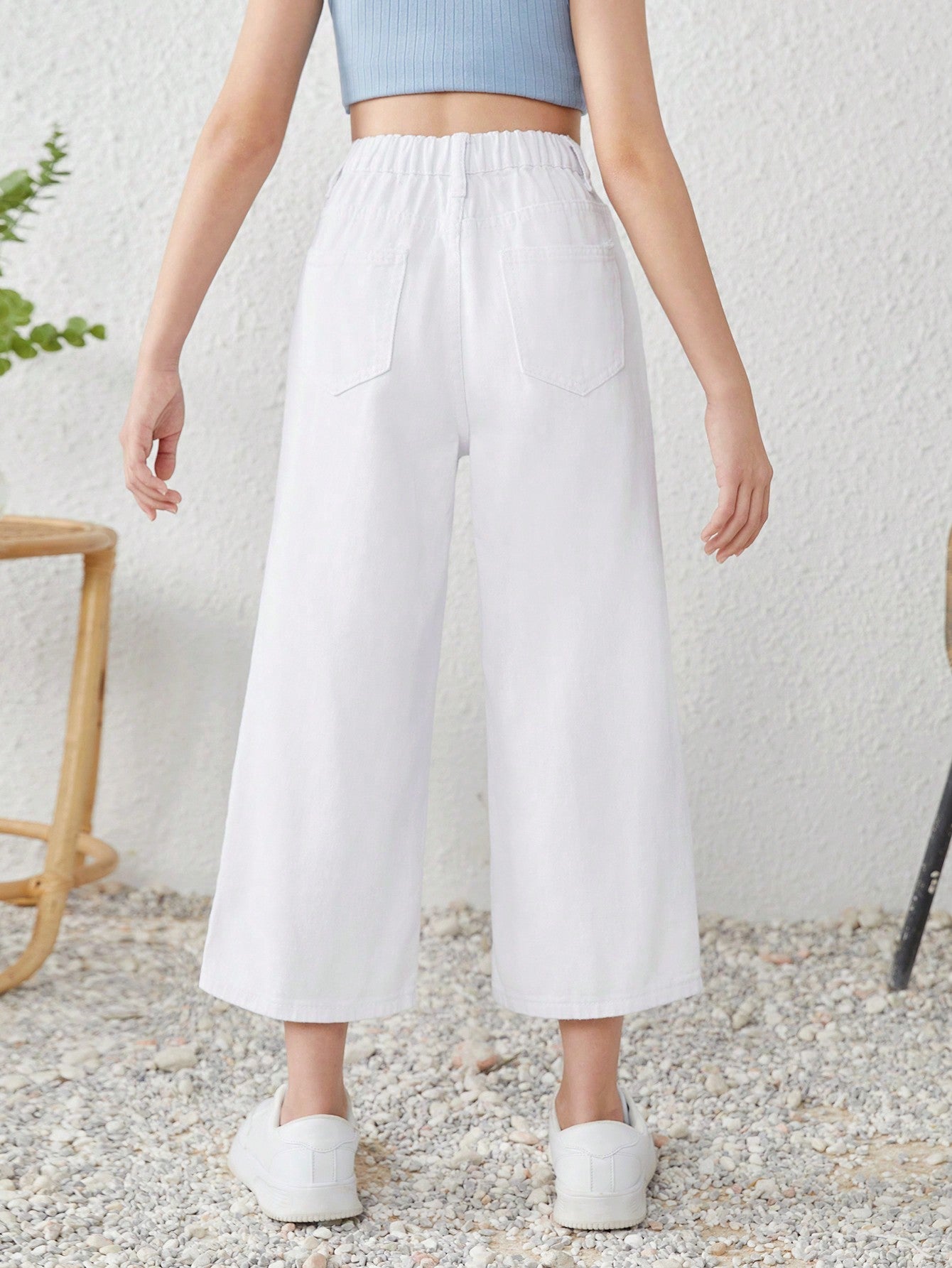 Tween Girl Boho White Baggy Wide Leg Denim Jeans - Summer Casual, Zipper Fly, Pockets