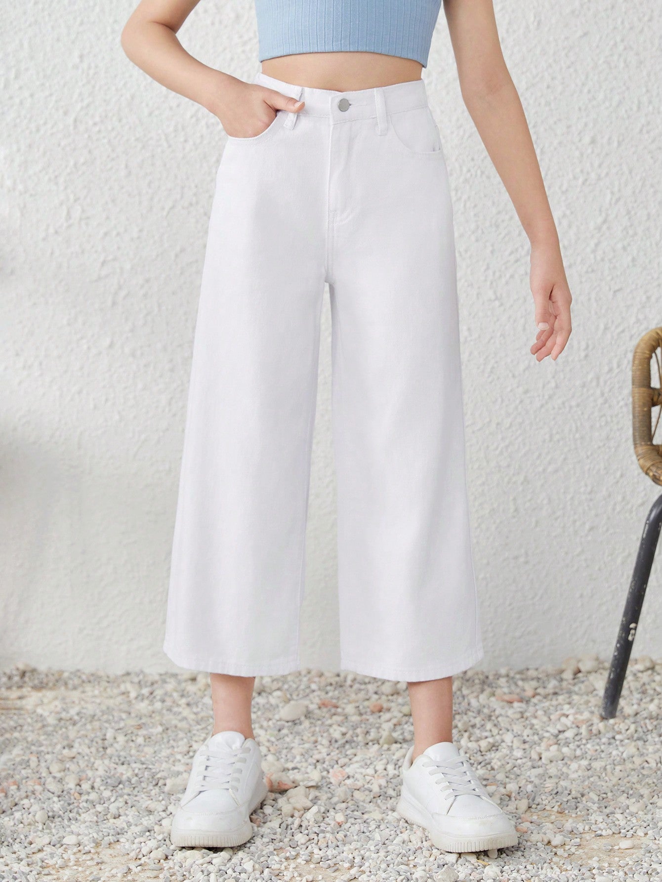 Tween Girl Boho White Baggy Wide Leg Denim Jeans - Summer Casual, Zipper Fly, Pockets