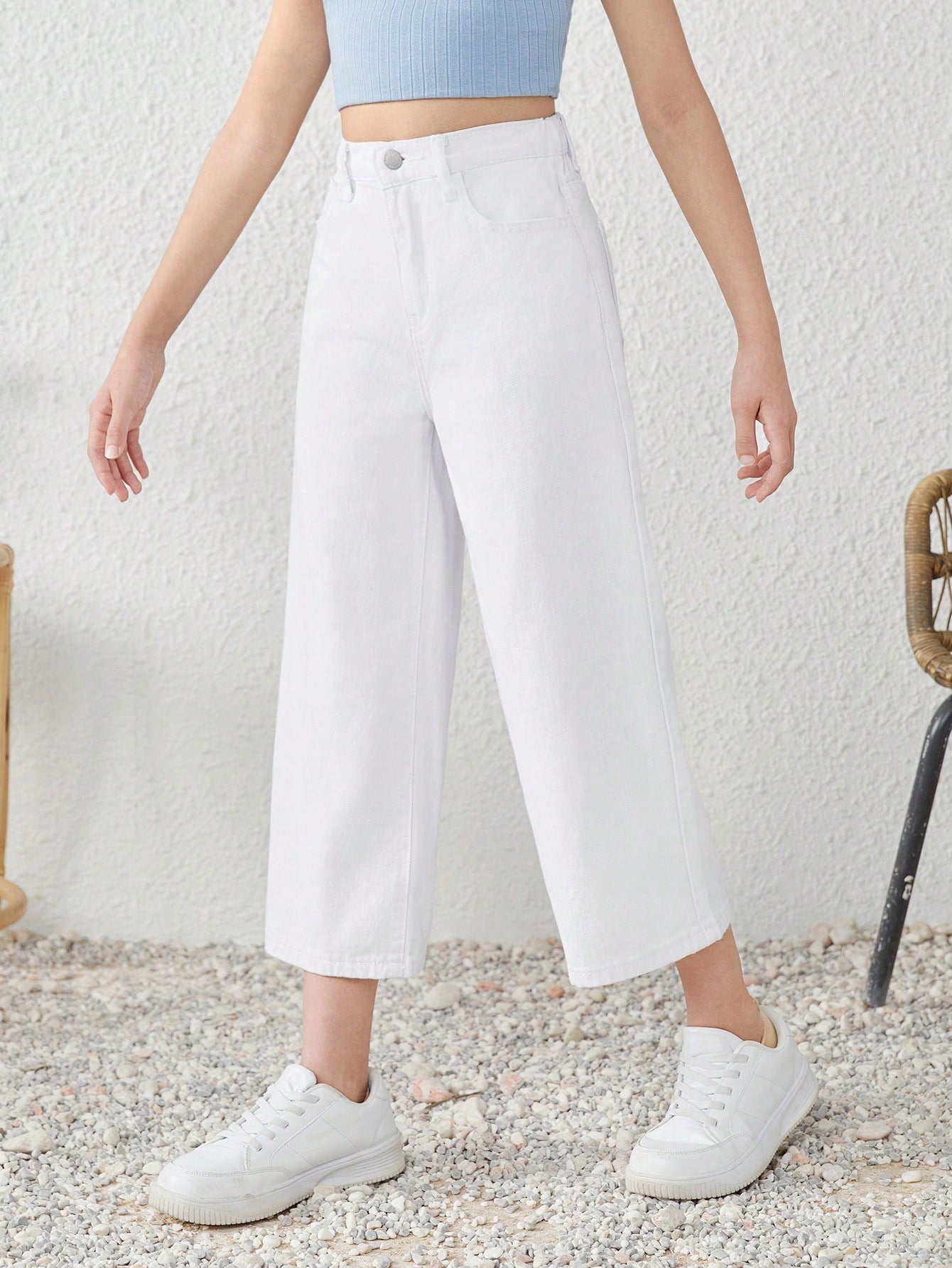 Tween Girl Boho White Baggy Wide Leg Denim Jeans - Summer Casual, Zipper Fly, Pockets