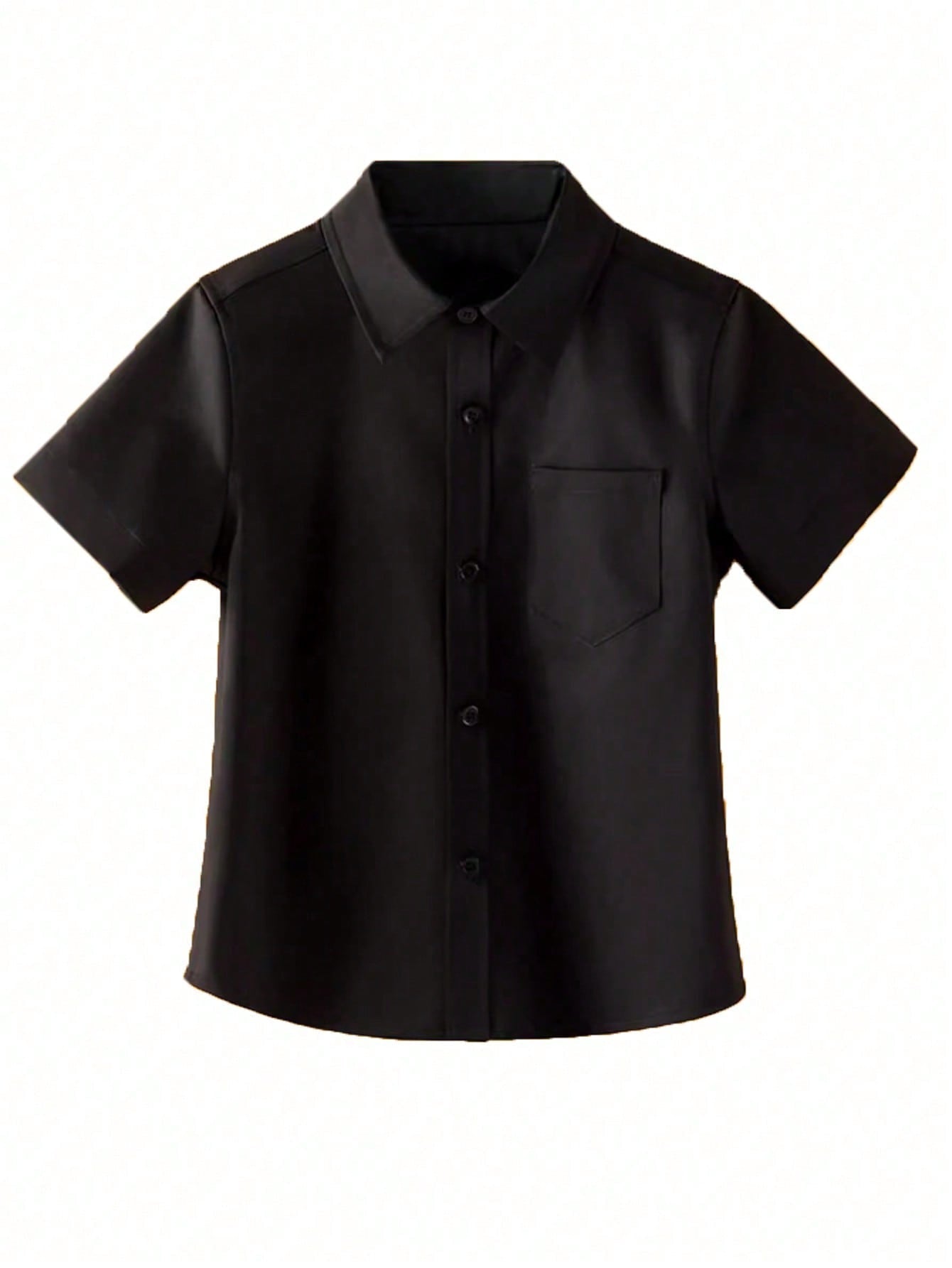 Tween Boy Black Casual Short Sleeve Shirt - Summer, Pocket, Collar, Loose Fit