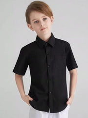 Tween Boy Black Casual Short Sleeve Shirt - Summer, Pocket, Collar, Loose Fit