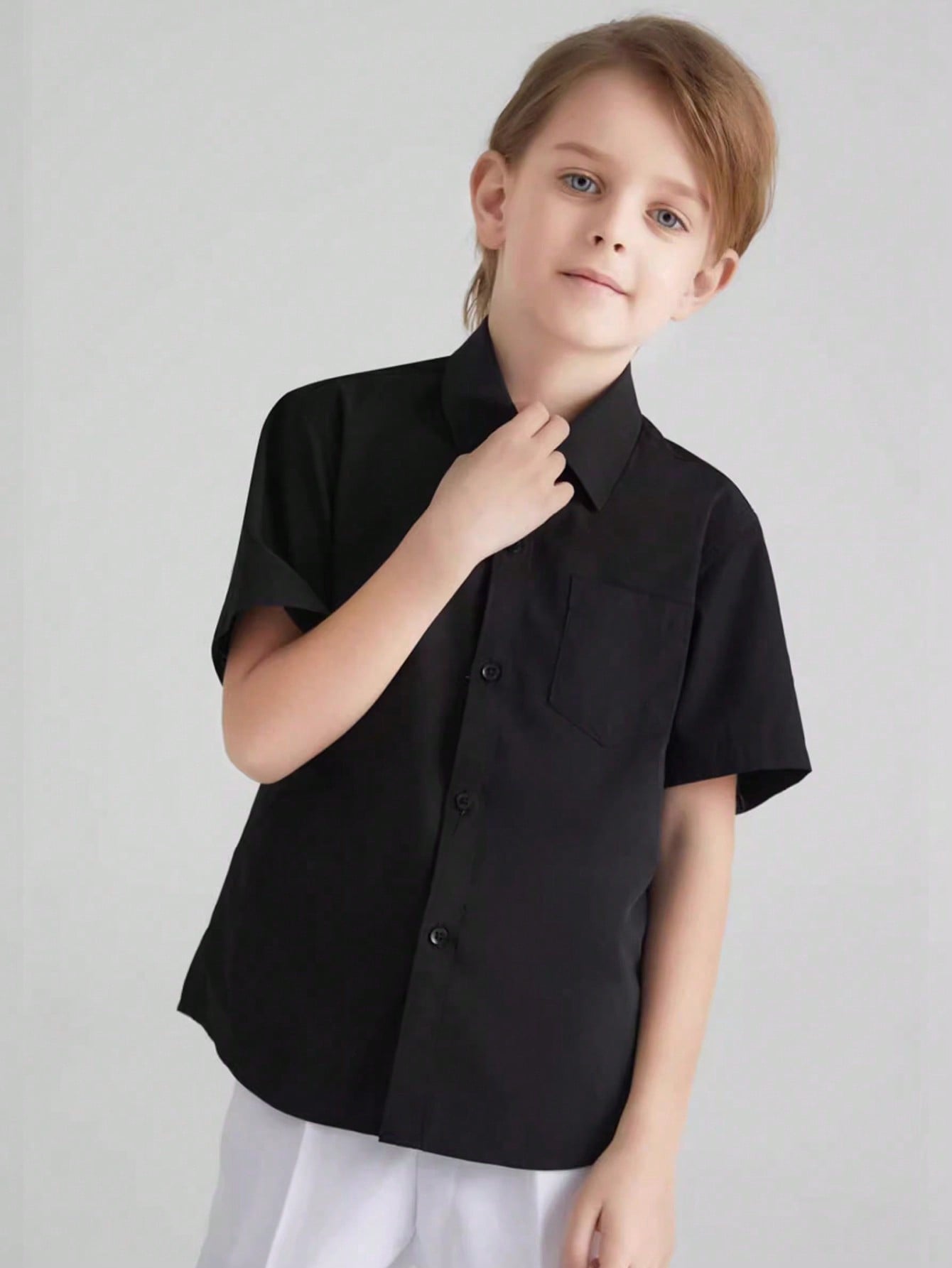 Tween Boy Black Casual Short Sleeve Shirt - Summer, Pocket, Collar, Loose Fit