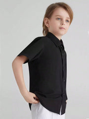 Tween Boy Black Casual Short Sleeve Shirt - Summer, Pocket, Collar, Loose Fit