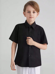 Tween Boy Black Casual Short Sleeve Shirt - Summer, Pocket, Collar, Loose Fit