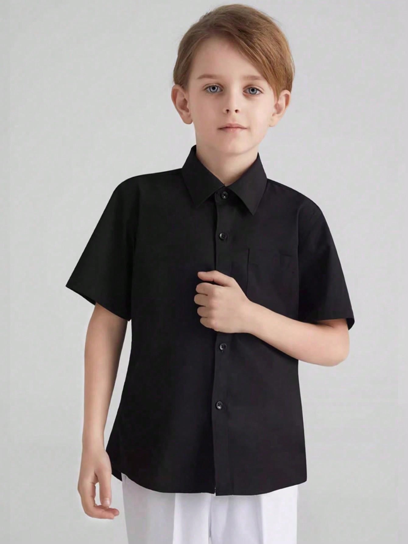 Tween Boy Black Casual Short Sleeve Shirt - Summer, Pocket, Collar, Loose Fit