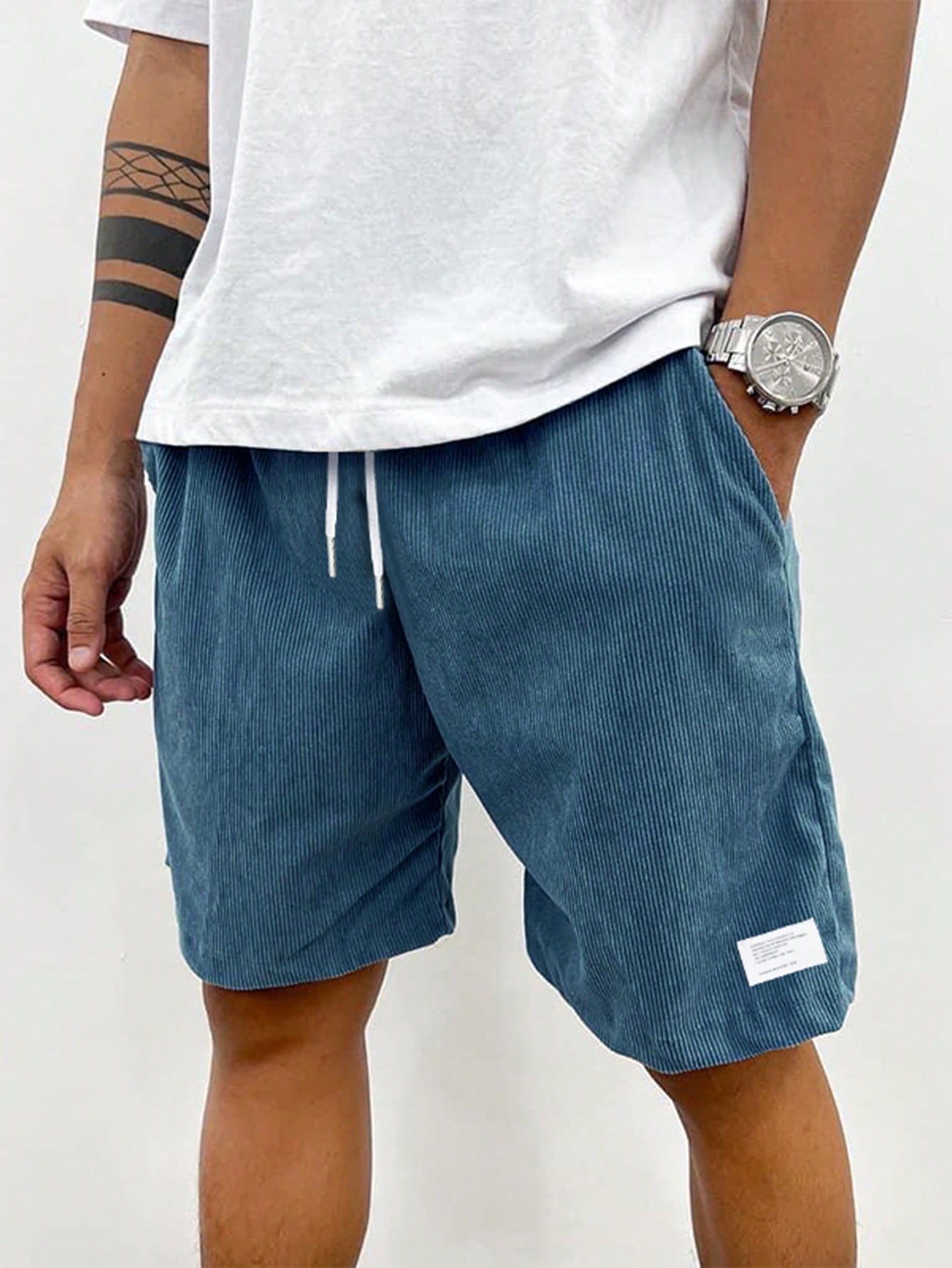 Men's Corduroy Bermuda Shorts - Casual, Drawstring Waist, Pockets, Versatile Style