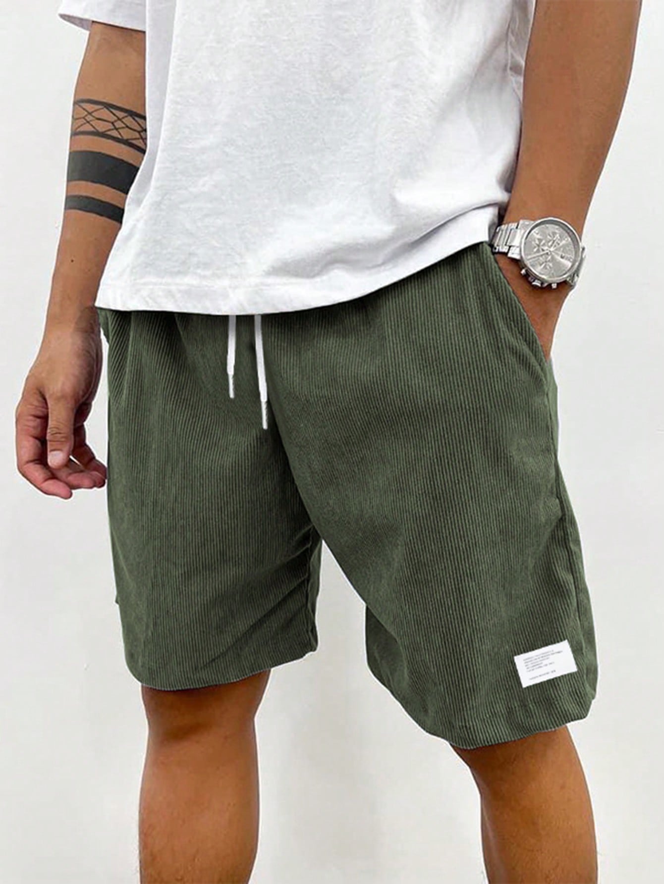 Men's Corduroy Bermuda Shorts - Casual, Drawstring Waist, Pockets, Versatile Style