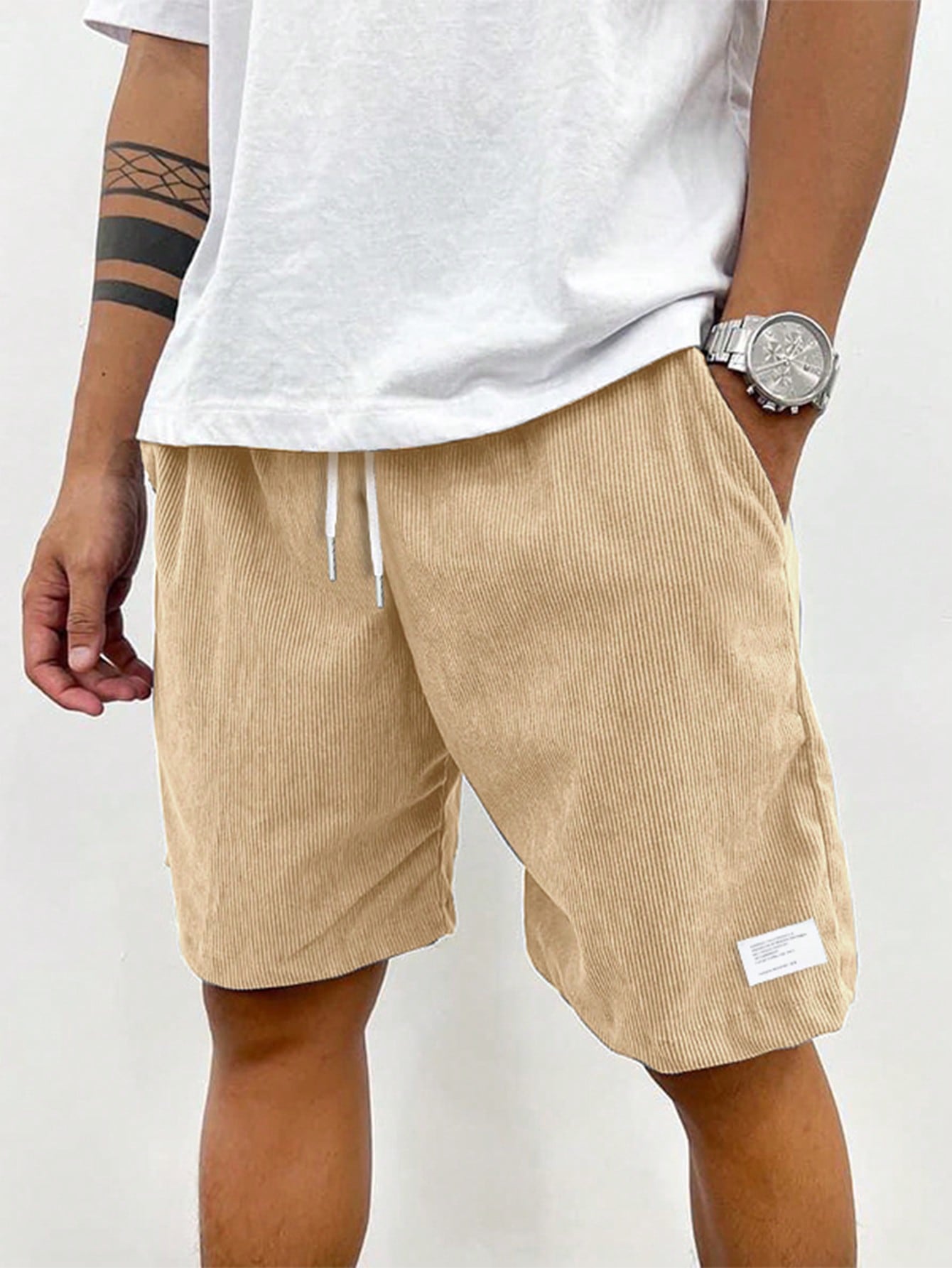 Men's Corduroy Bermuda Shorts - Casual, Drawstring Waist, Pockets, Versatile Style