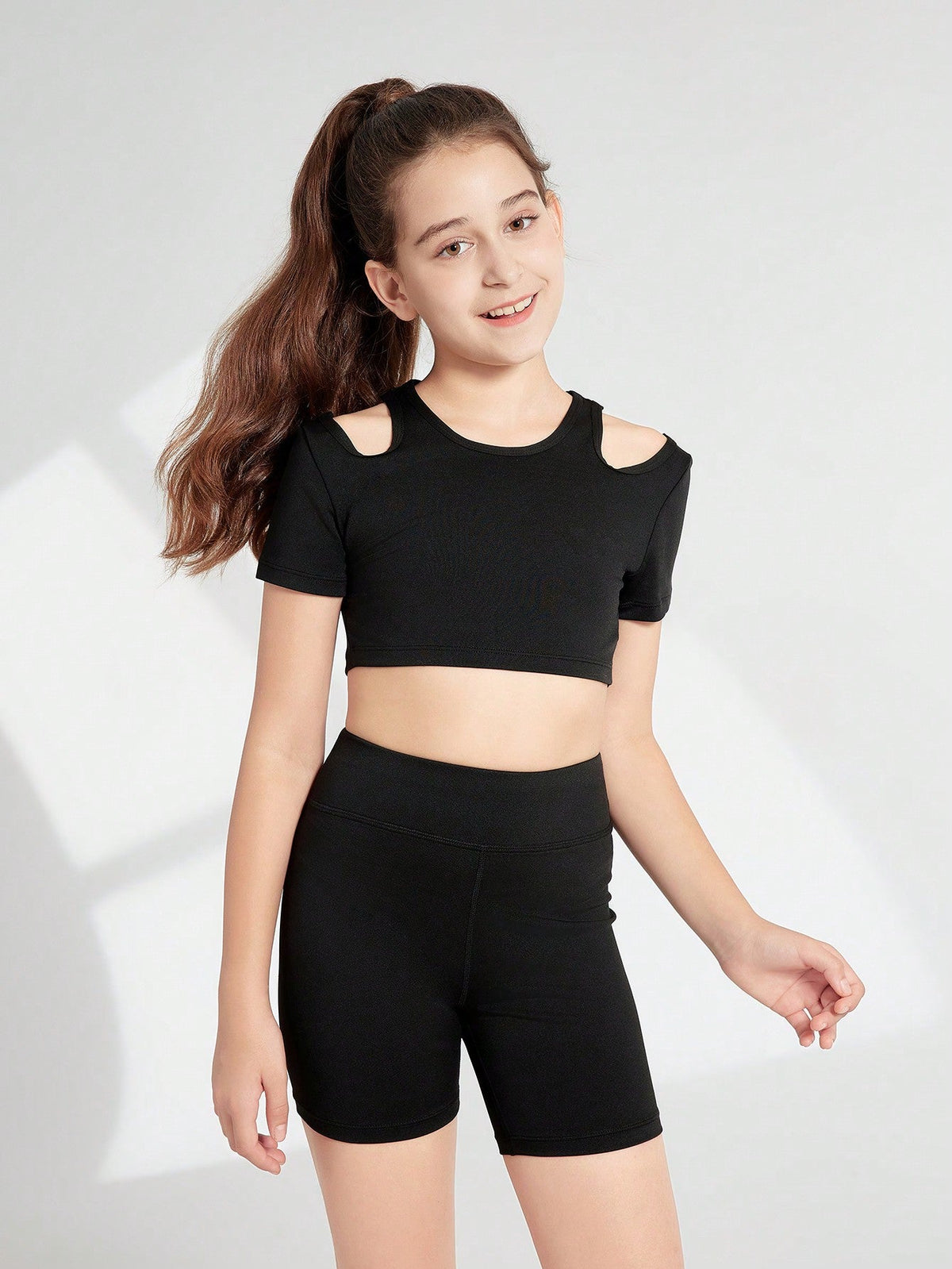 Tween Girl Summer Sports Suit - Hollow Out Design, High Waist, Slim Fit, 2 Piece Set