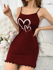 Women Simple Heart Print Camisole Sleep Dress Pajama Dress