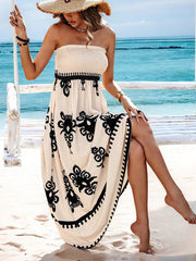 Boho Strapless Shirred A-Line Dress - Textured Pattern, High Waist, Flared Hem