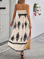 Boho Strapless Shirred A-Line Dress - Textured Pattern, High Waist, Flared Hem