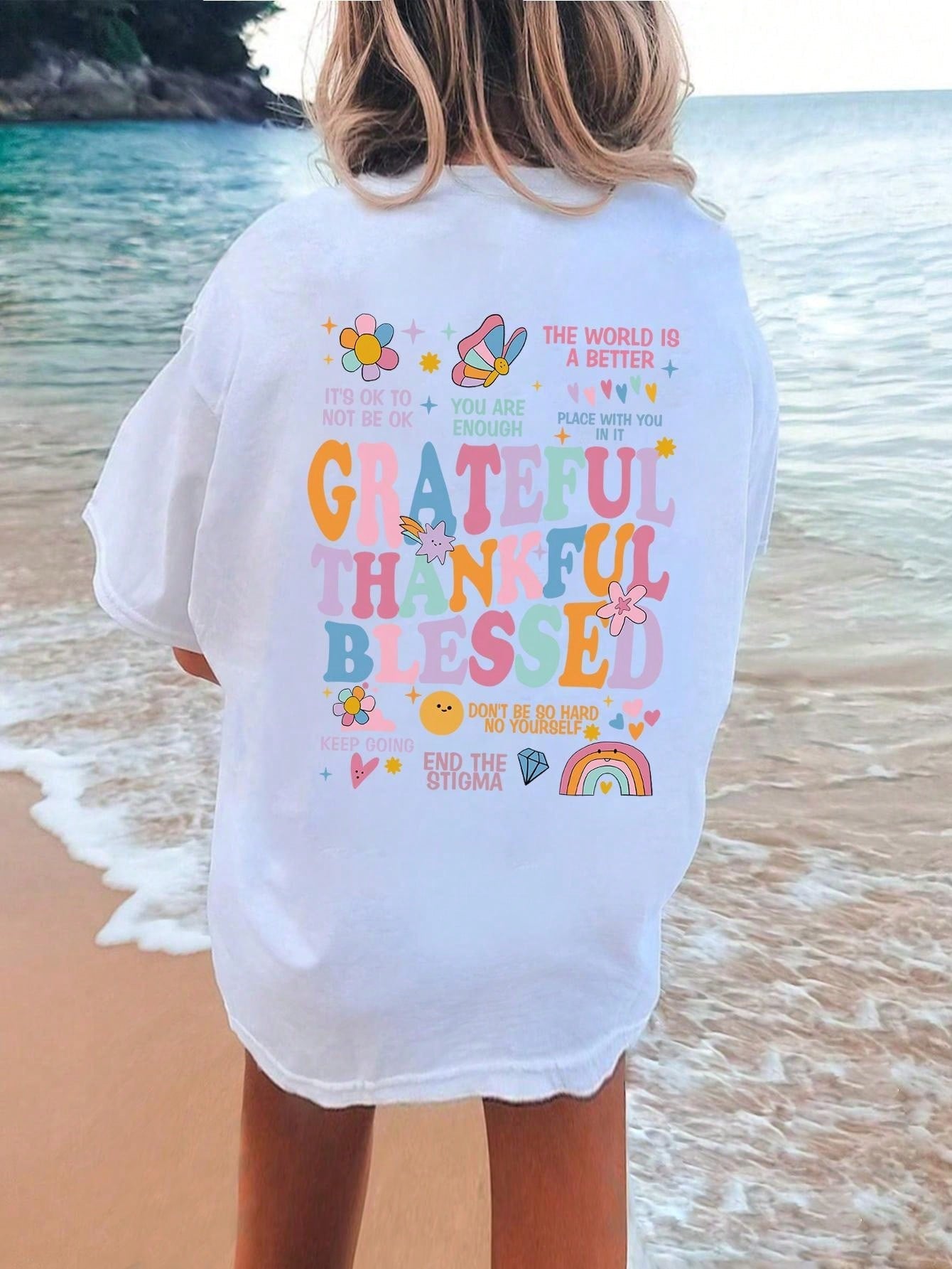 Tween Girl Casual Slogan Print White Round Neck Short-Sleeve Summer T-Shirt