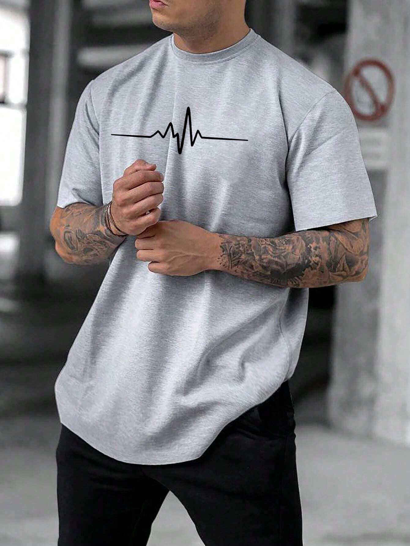 Men's Casual Summer T-Shirt EKG Heartbeat Print Round Neck Short Sleeve