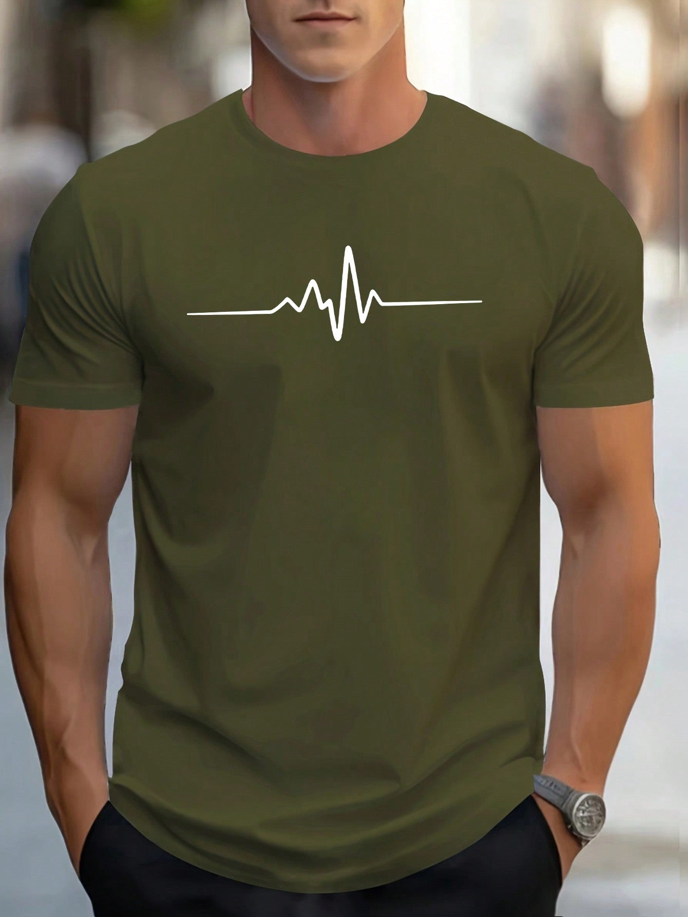 Men's Casual Summer T-Shirt EKG Heartbeat Print Round Neck Short Sleeve