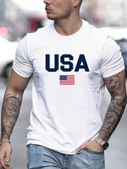 Men's Plus Size American Flag Print Round Neck Short Sleeve T-Shirt