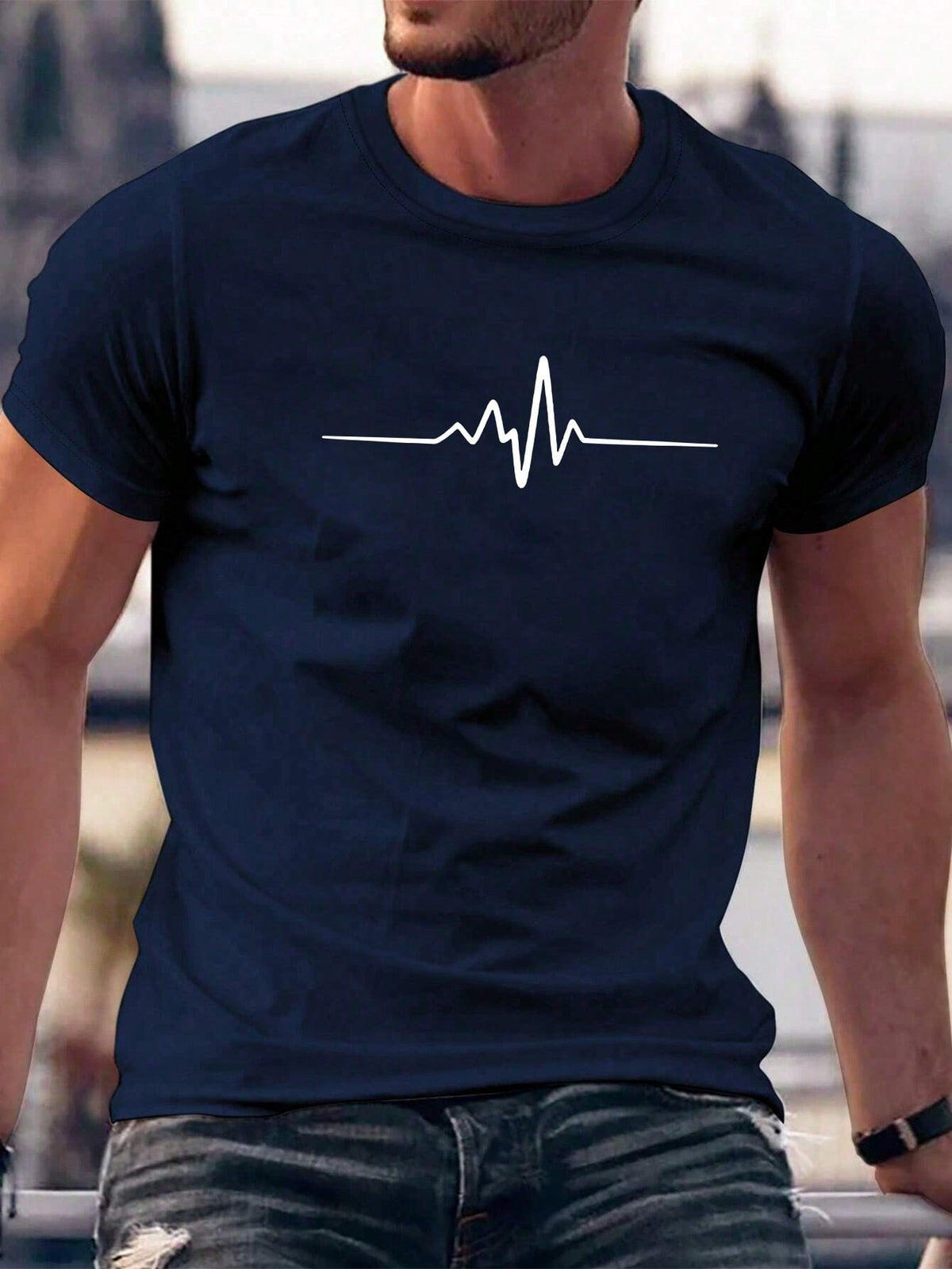 Men's Casual Summer T-Shirt EKG Heartbeat Print Round Neck Short Sleeve