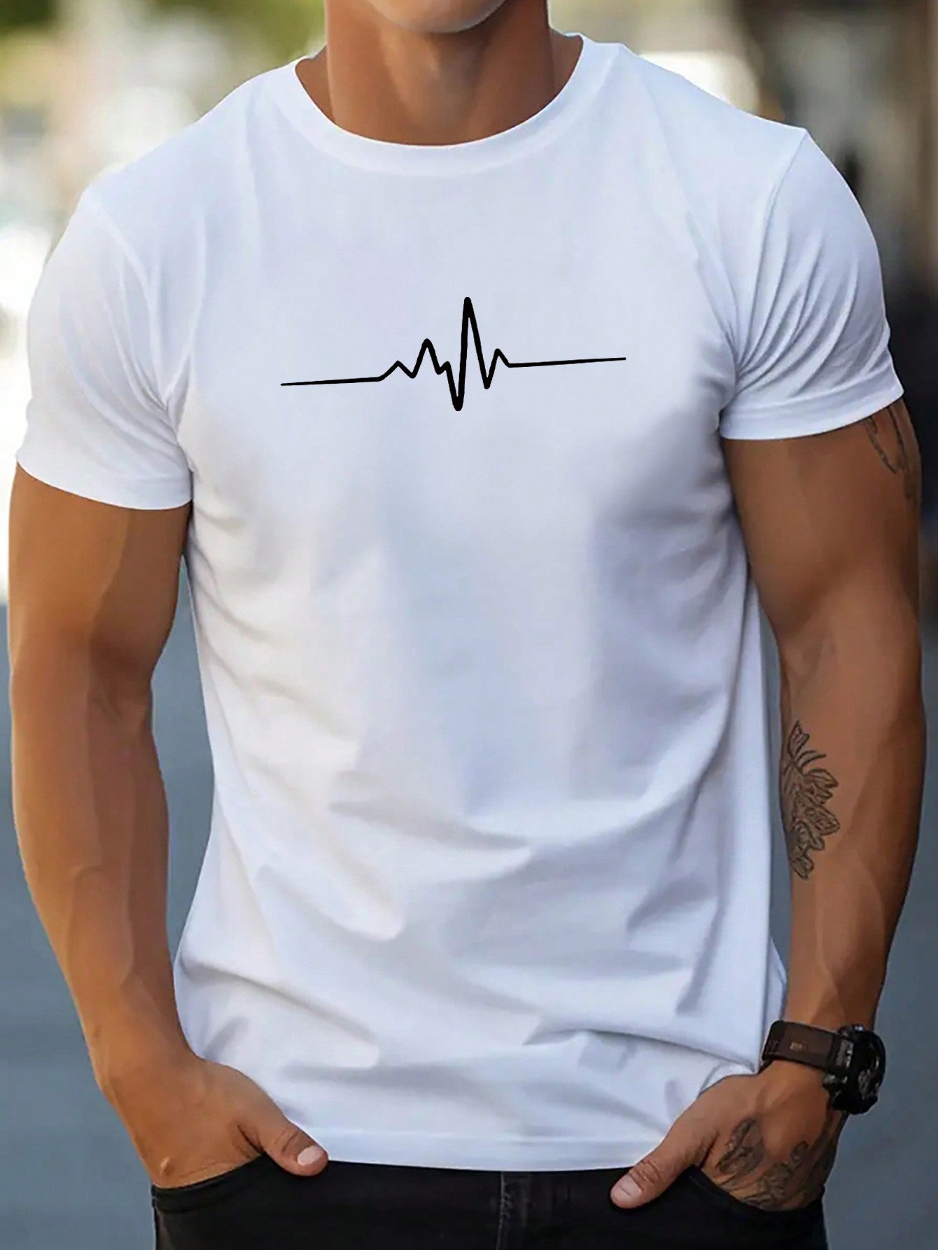 Men's Casual Summer T-Shirt EKG Heartbeat Print Round Neck Short Sleeve