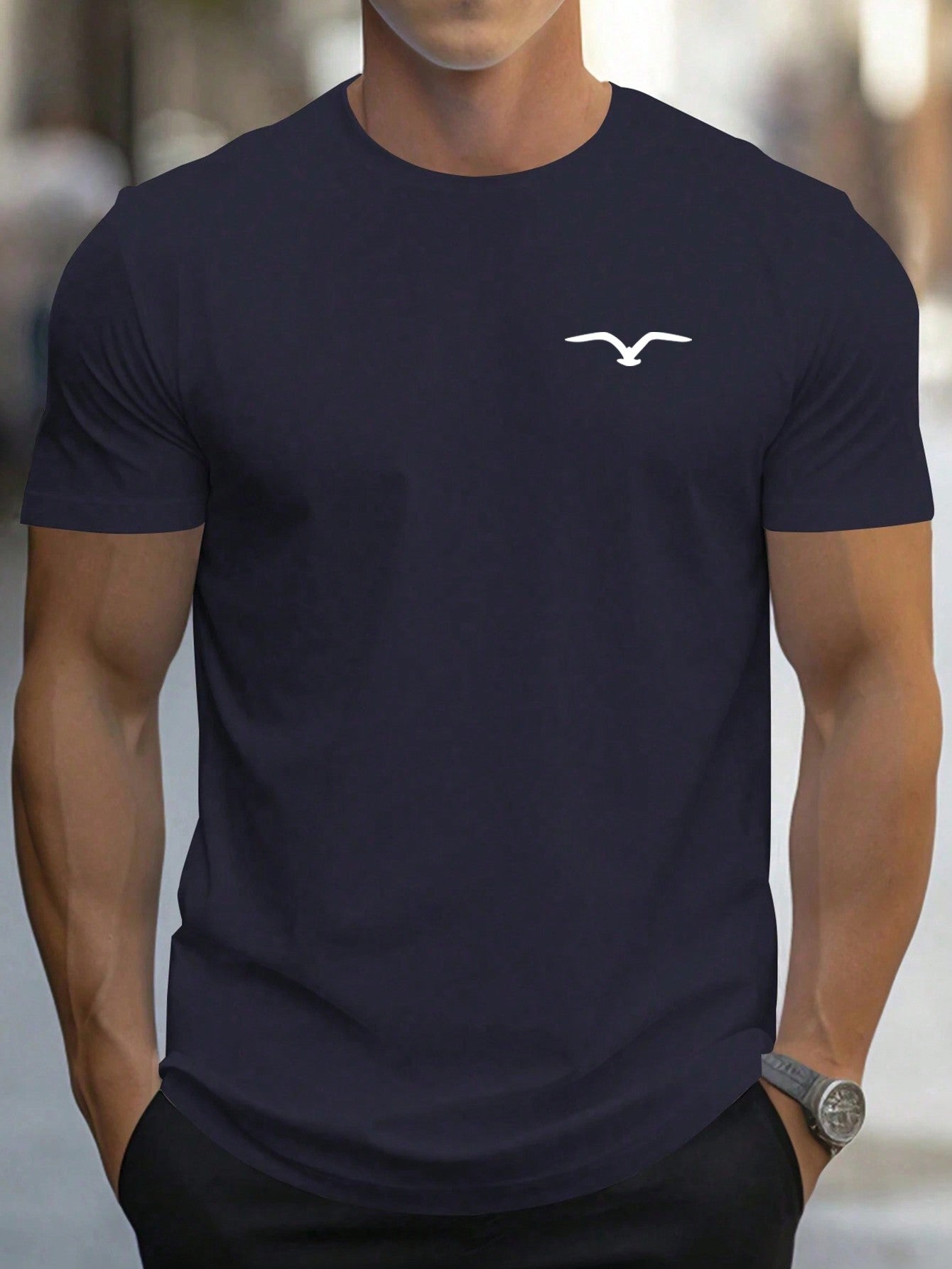 Men's Casual Seagull Print Crew Neck T-Shirt, Short Sleeve, Stretch Fabric