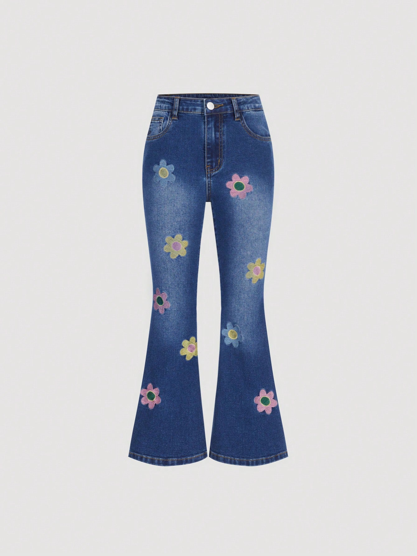 Tween Girls' Floral Flare Jeans - Zipper Fly, Drop Waist, Medium Stretch Denim