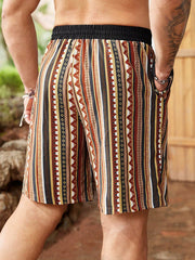 Men's Plus Size Boho Tribal Print Vacation Shorts with Pockets, Drawstring Waist