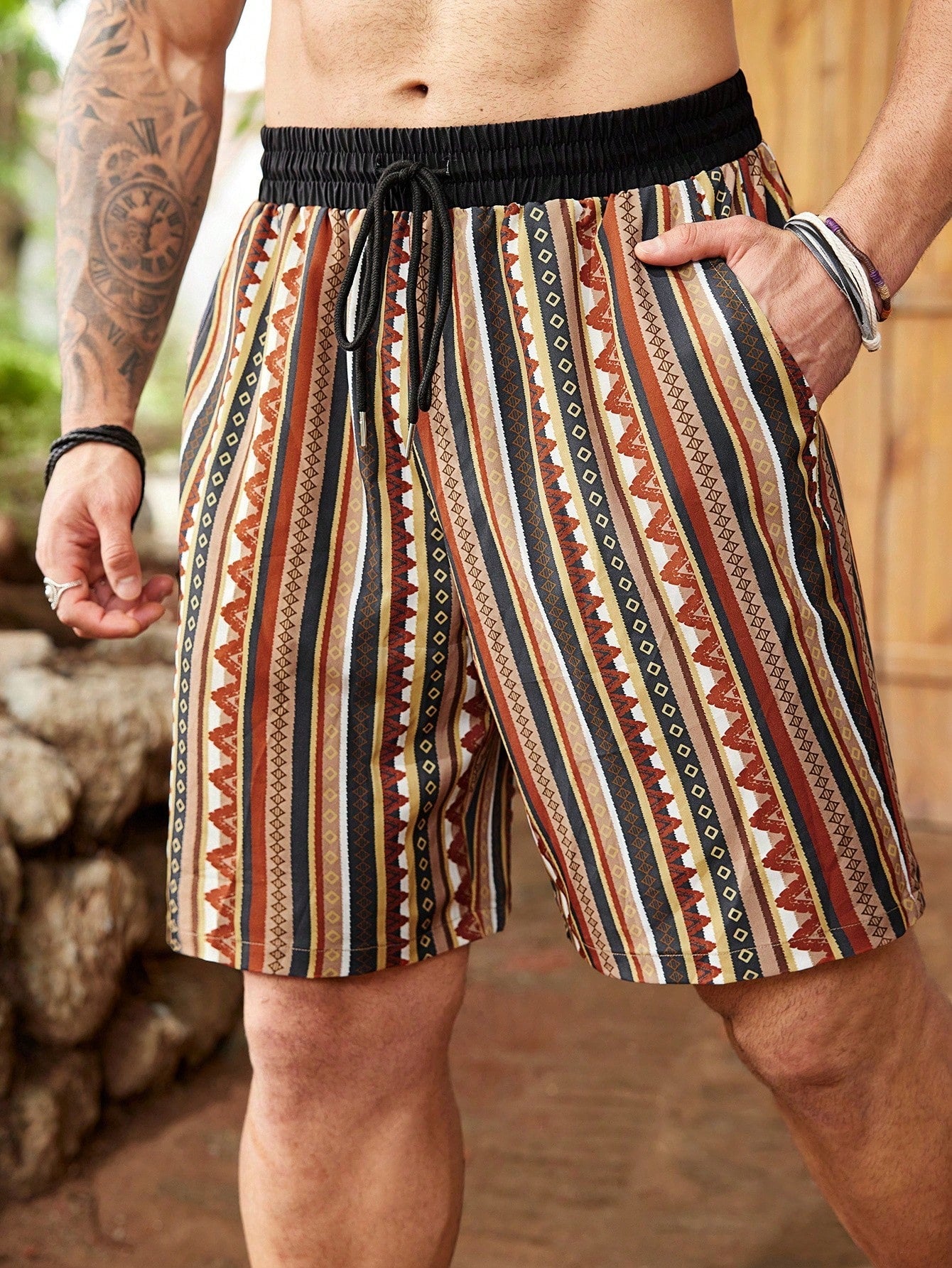 Men's Plus Size Boho Tribal Print Vacation Shorts with Pockets, Drawstring Waist