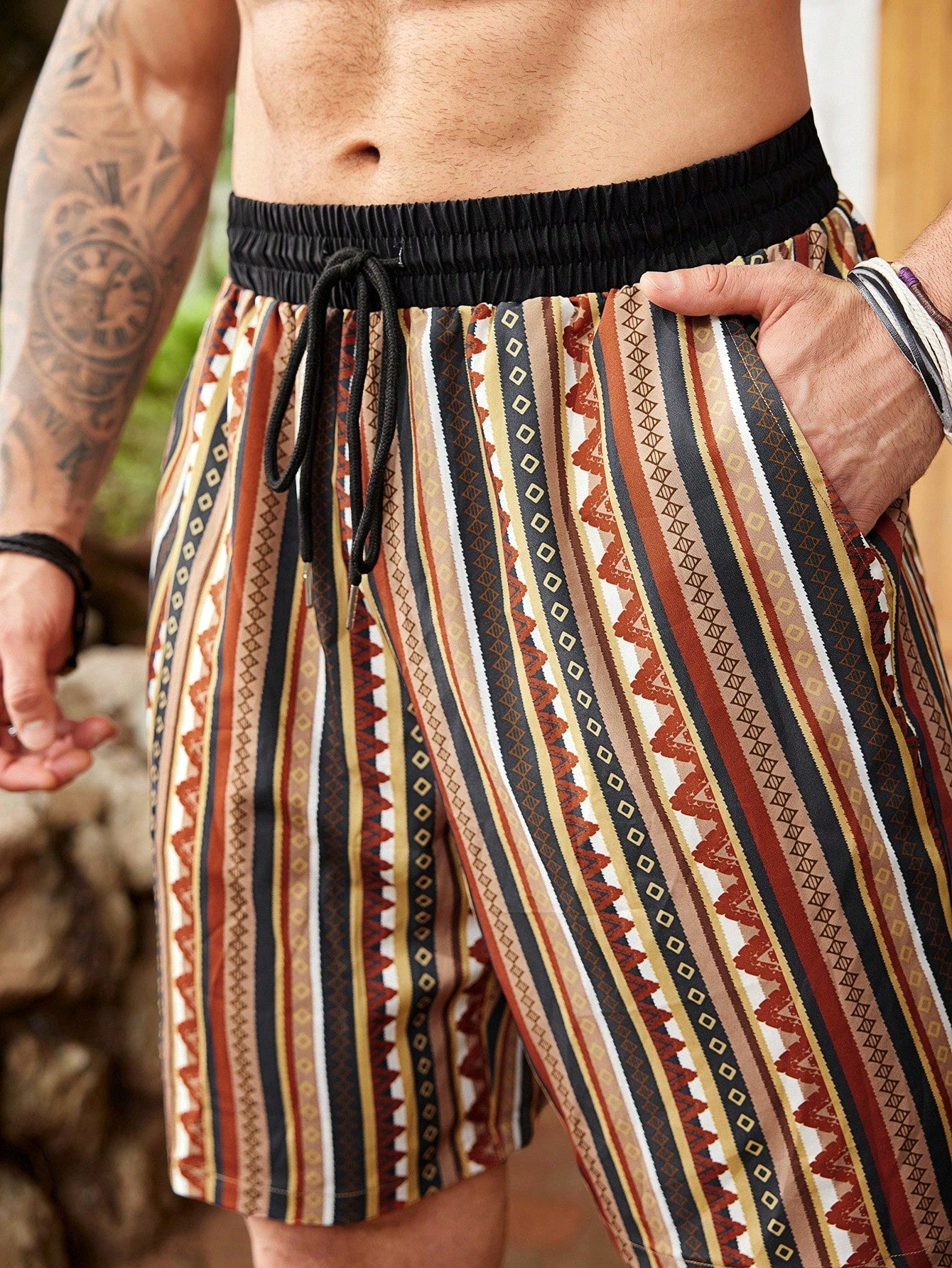 Men's Plus Size Boho Tribal Print Vacation Shorts with Pockets, Drawstring Waist